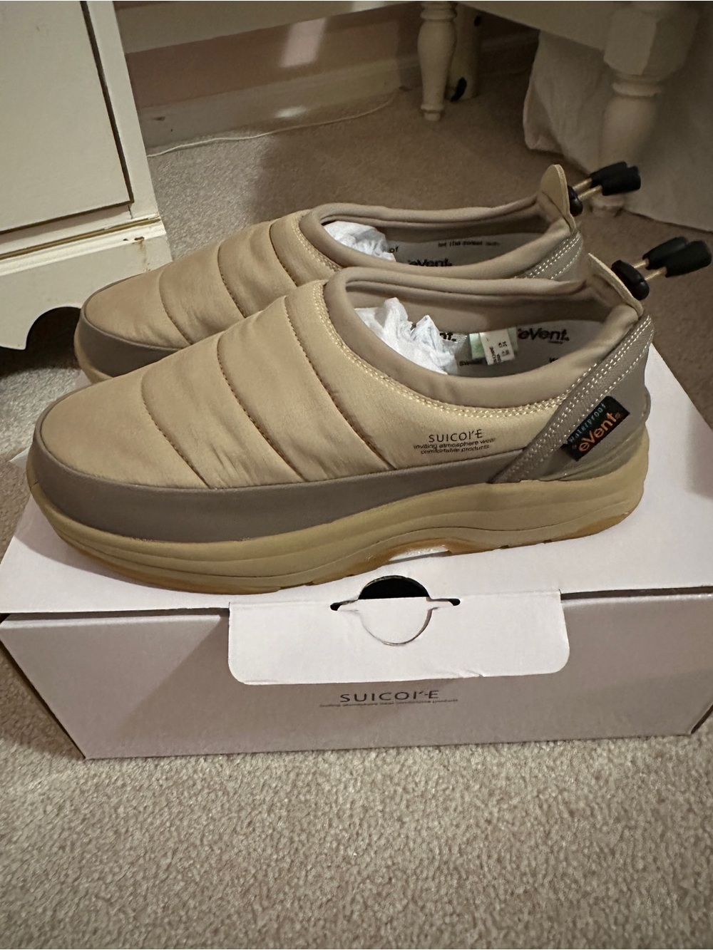 Suicoke Beige Slip-On Loafers with eVent Waterproof Tag